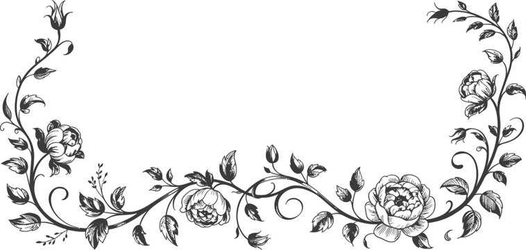 Vintage floral border, black and white vector, elegant rose frame, decorative leaf design