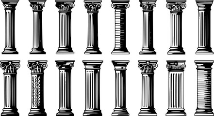 Naklejka premium Classic Greek and Roman architectural columns set with Doric Ionic Corinthian capitals in detailed black and white vector illustration of ancient pillars