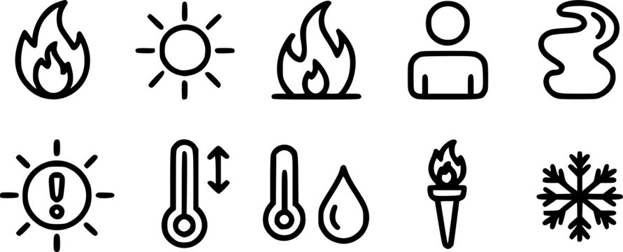  Black vector weather icon set including sun fire flame thermometer water drop torch snowflake and temperature symbols illustrations