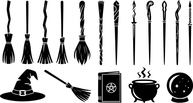 Black vector icon set of witch accessories including brooms wands hat cauldron potion book and crystal ball halloween magic silhouettes