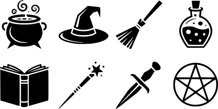 Black vector icon set of witchcraft and halloween elements including cauldron witch hat broom potion book wand dagger and pentagram silhouettes