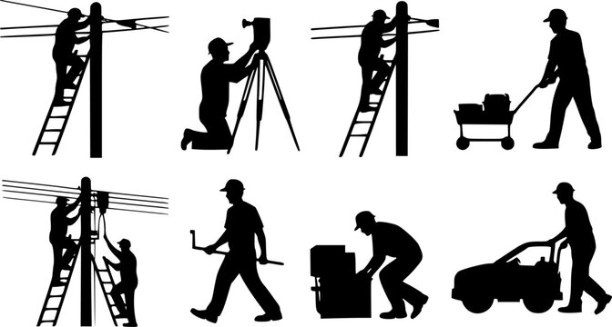 Black vector silhouette icon set of construction maintenance workers performing various tasks with ladders tools and equipment illustrations