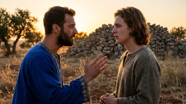 Jonathan warns David of King Saul's intent to kill him in a rocky field at sunset