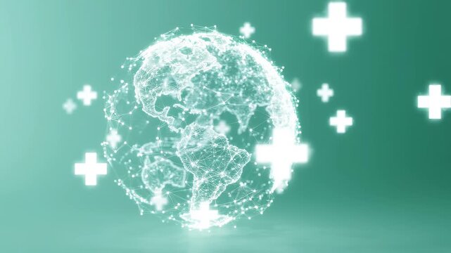 Glowing digital wireframe globe rotating with floating medical crosses in abstract teal space