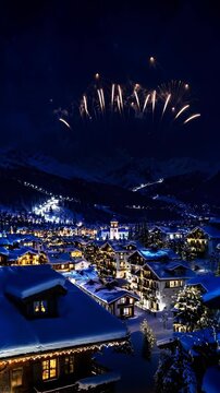 Fireworks over snowy mountain village at night