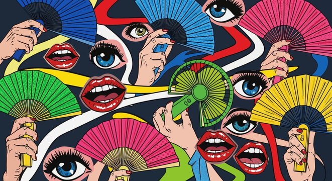Surreal Collage of Eyes Mouths and Fans.