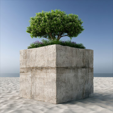 Green tree on large concrete cube with sand and blue sky, modern minimal nature concept, peaceful outdoor scene, high fidelity detail