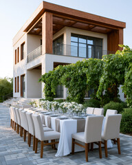 Obraz premium Elegant outdoor wedding venue with long white table, floral centerpiece, modern architecture, vineyard, and natural sunlight create romantic