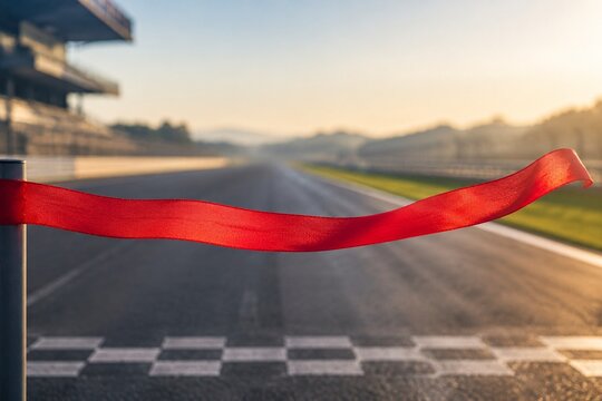 A single red ribbon fluttering on an empty racetrack at dawn.