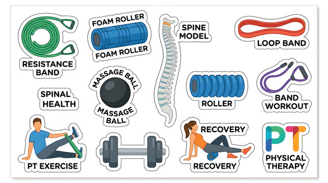 Physical Therapy Equipment and Exercises: A collection of illustrated items and activities related to physical therapy, including resistance bands, foam rollers, massage balls, dumbbells.