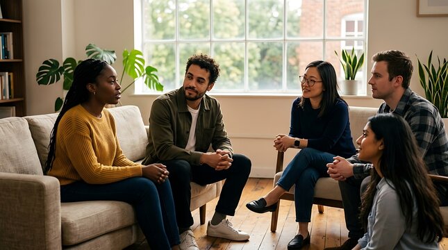 Young diverse group of people talking together in a meeting circle