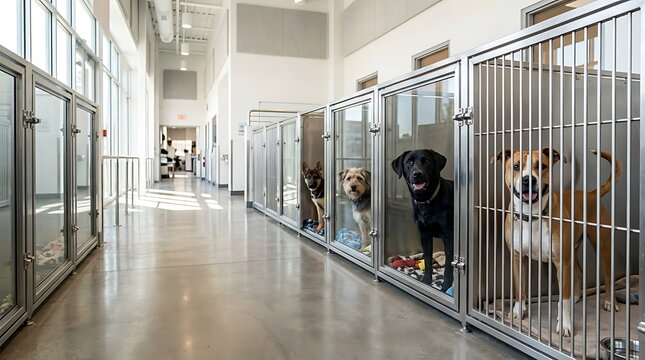 Dogs waiting in clean modern animal shelter kennels for adoption