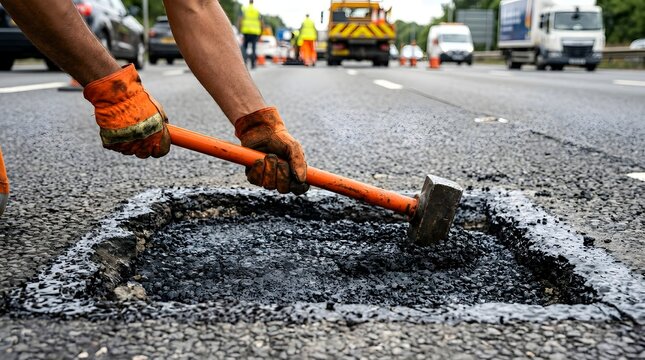 Road worker using a heavy sledgehammer to compact fresh asphalt into a repaired highway pothole