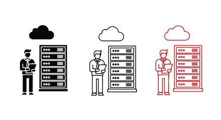 Obraz premium Tech worker standing beside a server rack with cloud icons illustrating data storage and connectivity in a modern infrastructure scene.