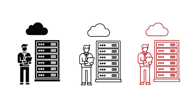 Tech worker standing beside a server rack with cloud icons illustrating data storage and connectivity in a modern infrastructure scene.