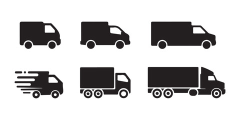 Set of delivery truck icons fast shipping express delivery moving cargo van black vector signs. © MSTALIMA