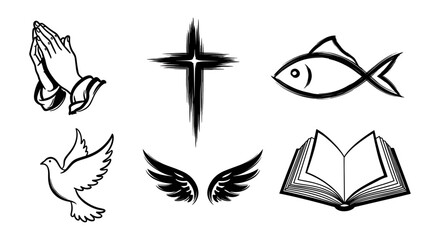 Fototapeta premium Collection of religious symbols including praying hands, cross, fish, dove, wings, and open book.