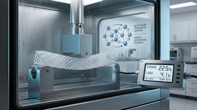 A flexible polymer lattice sits inside a humidity chamber, showing a bent test bar, digital gauge.
