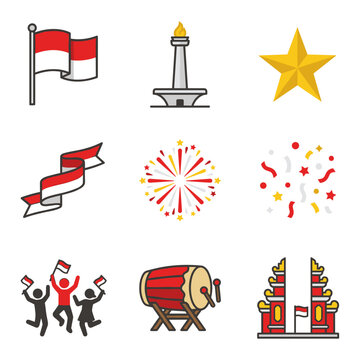 Colorful vector illustration set featuring Indonesian independence day symbols like the national flag, monas monument, traditional drums, and festive fireworks