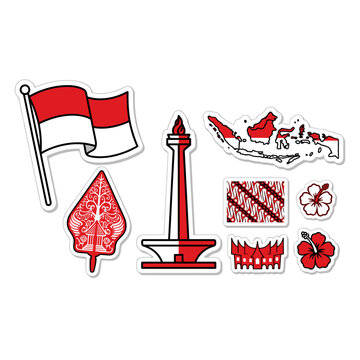 A detailed vector illustration showcasing iconic Indonesian symbols including the national flag, monas monument, map, batik pattern, and hibiscus flowers.
