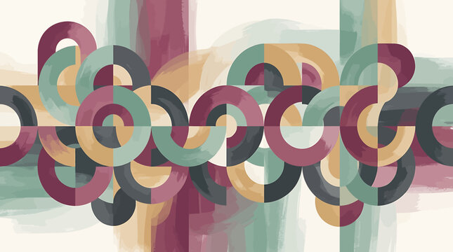 Abstract geometric composition with colorful interlocking circles and textured brush strokes in a modern art style.