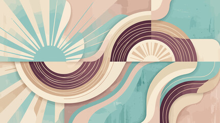 Abstract geometric landscape with retro sunburst and wavy lines in pastel colors. © Sumi