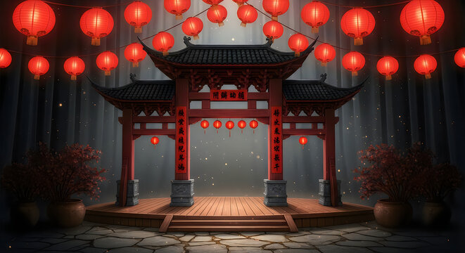 Traditional Chinese gate adorned with red lanterns in moody nighttime illumination