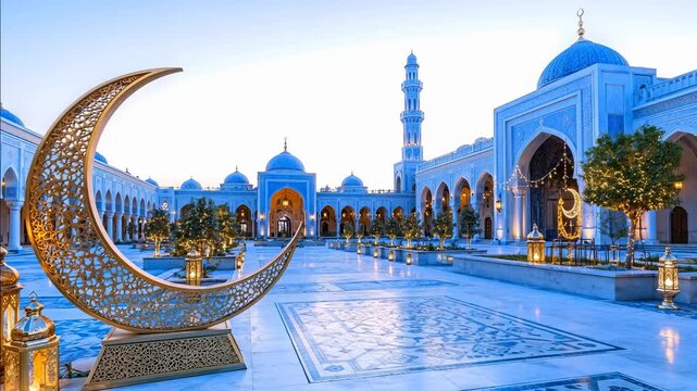 Illuminated mosque courtyard with crescent at twilight