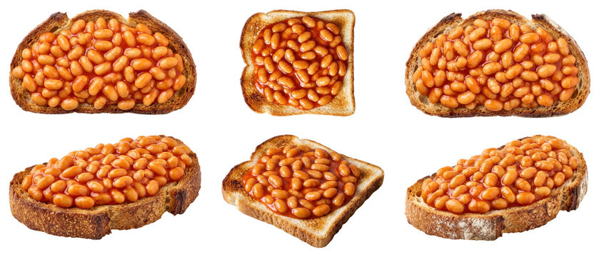 Collection of baked beans on toast slices isolated on transparent background, British food