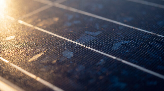 Extreme macro of a monocrystalline solar panel surface showing thin silver busbar lines