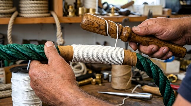 Hands binding a thick green nautical rope with white twine using a wooden tool in a workshop