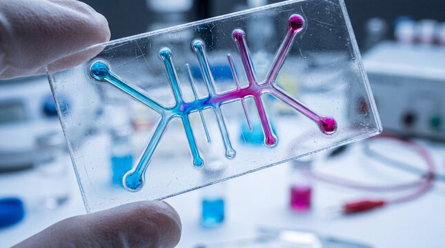 Macro of a microfluidic lab-on-a-chip with colorful channels