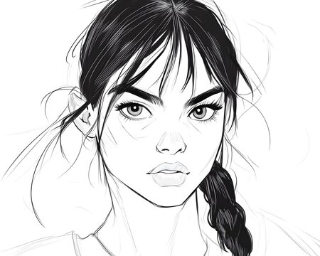 A captivating portrait illustration of a young woman with braided hair, showcasing a unique blend of strength and vulnerability through expressive facial features and emotional dep
