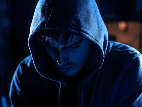A contemplative young man clad in a dark hoodie, immersed in thought. The cool blue lighting creates a moody atmosphere, evoking feelings of introspection and solitude.