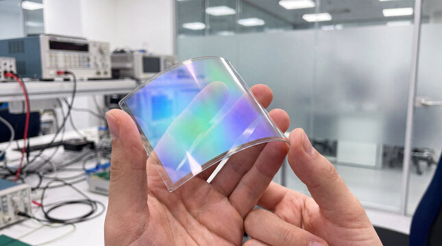 Close-up of hands bending a flexible display showing an abstract gradient