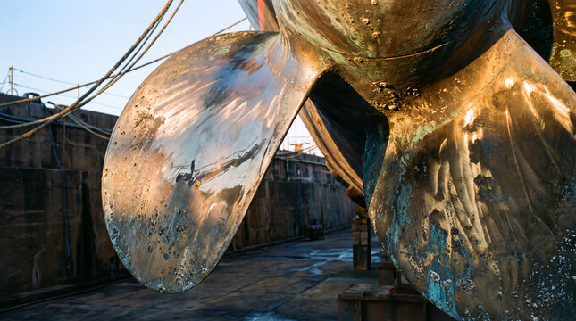 Close-up of a bronze ship propeller blade in a dry dock