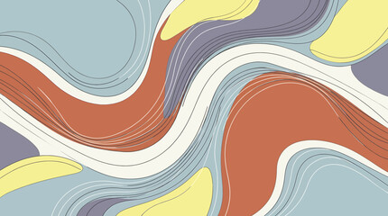 Abstract wavy background with organic flowing shapes in pastel blue orange and yellow tones. © Yupi