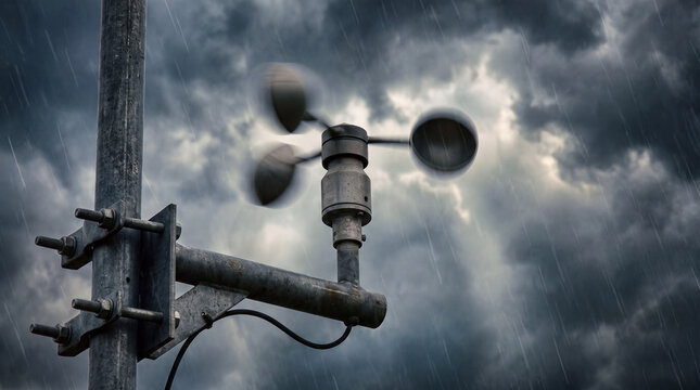 Close-up of a cup anemometer on a weather mast against a stormy sky