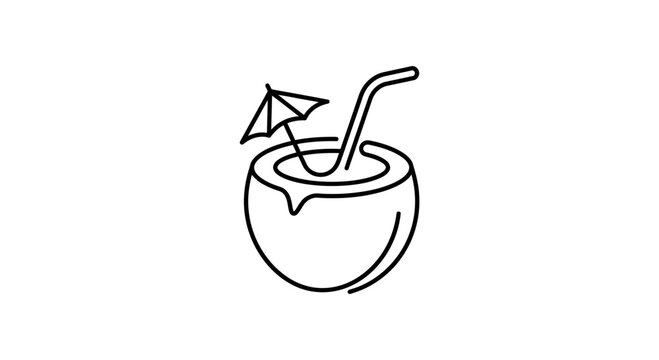 Hand-drawn coconut drink with umbrella and straw icon, tropical refreshment illustration