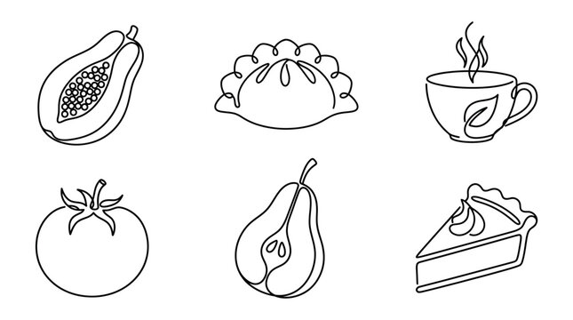 Minimalist Food Icons: Papaya, Dumpling, Tea, Tomato, Pear, Pie - Line Art