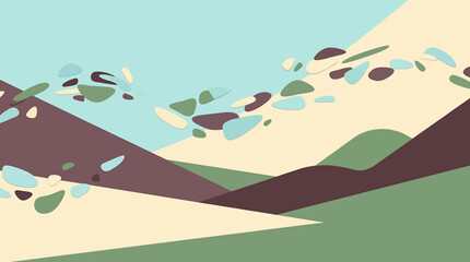 Abstract minimalist landscape illustration with geometric hills and floating organic shapes in pastel colors. © Donok