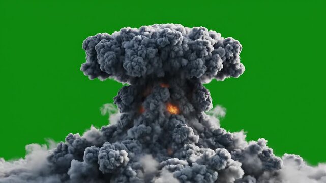 Mushroom cloud, explosion, smoke, destruction, disaster, nuclear blast, green screen