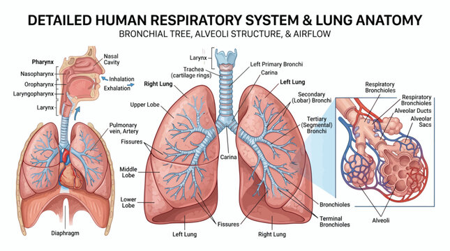 Human respiratory system and lung anatomy with bronchial tree