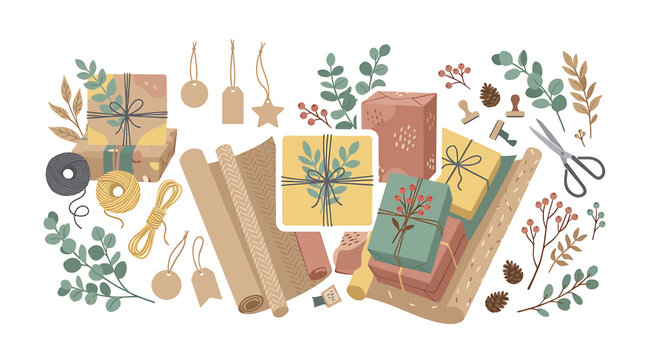 Flat lay illustration of gift wrapping supplies with boxes paper and botanical elements.