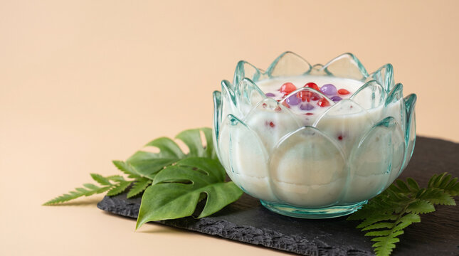 Creamy tapioca pearl dessert served in a decorative aqua glass lotus bowl on a slate tile plate