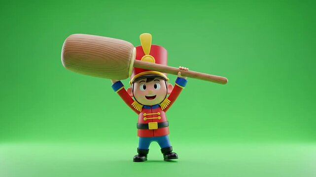 3D toy soldier character holding a large wooden mallet against a green background