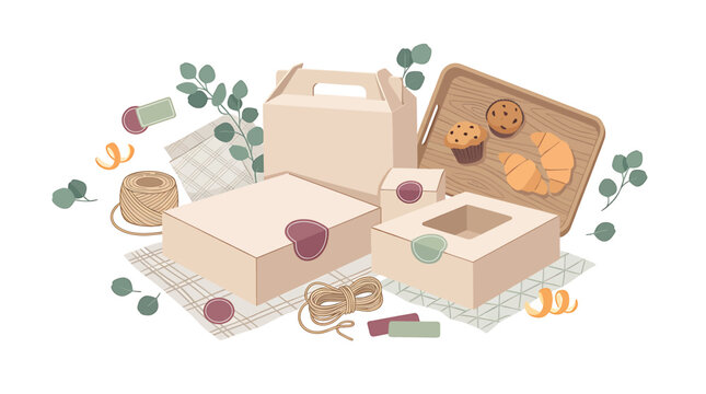 Bakery packaging set with cardboard boxes muffins and croissant on tray with floral elements.