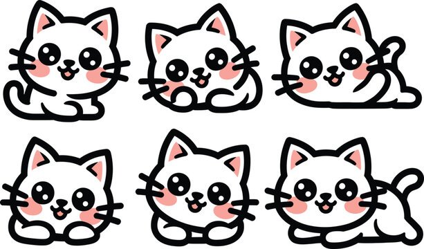Adorable kawaii style white cats collection set with illustration, expression