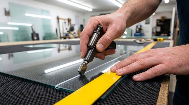 Craftsman using a specialized scoring tool to cut a sheet of flat glass on a yellow ruler guide