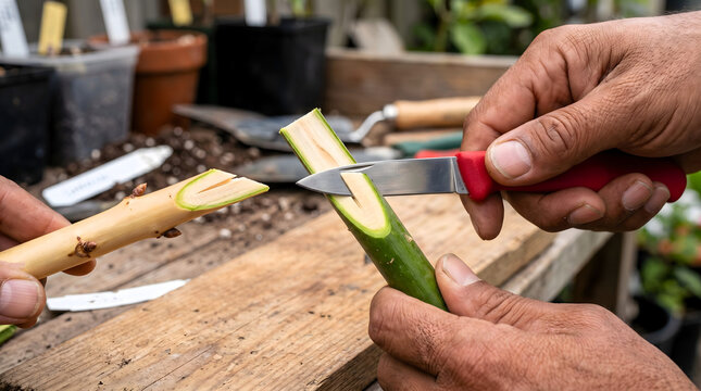 Hands using a folding knife to graft a scion onto a rootstock for fruit tree propagation process